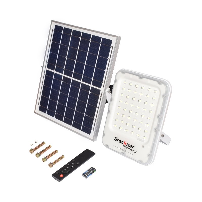 Proiector LED 100W cu panou solar policristalin 12W, baterie LifePo4 3.2V/12Ah, 6000K, 700lm cu telecomanda IP66 Breckner Germany